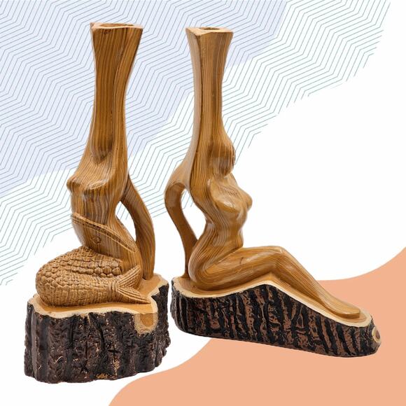Vintage Mid-Century Art Deco Mermaid & Pinup Sculptures–Faux Wood Ceramic Vases